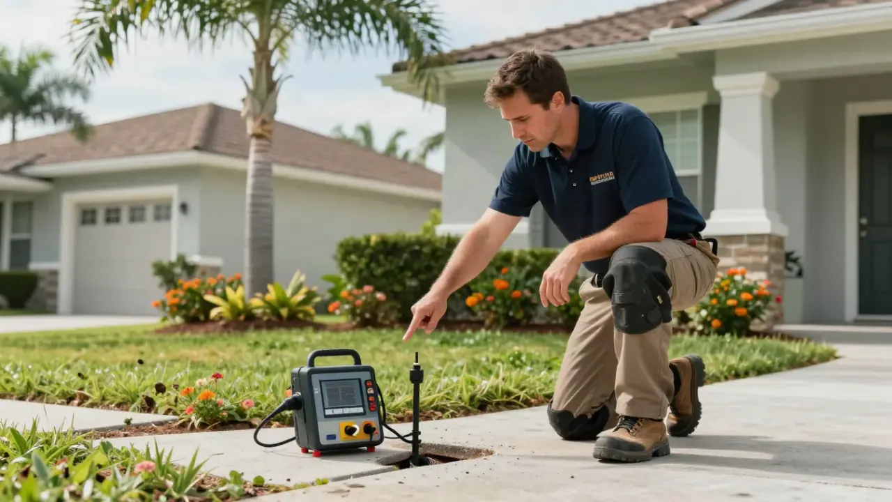 Slab leak detection in greenacres: leak detection specialist is interacting with a homeowner on a front porch of a