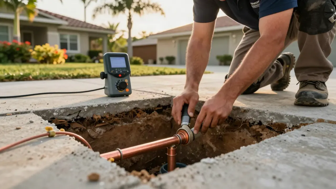 Slab leak detection in greenacres: close-up of a repaired copper pipe joint within a newly excavated trench in a concrete