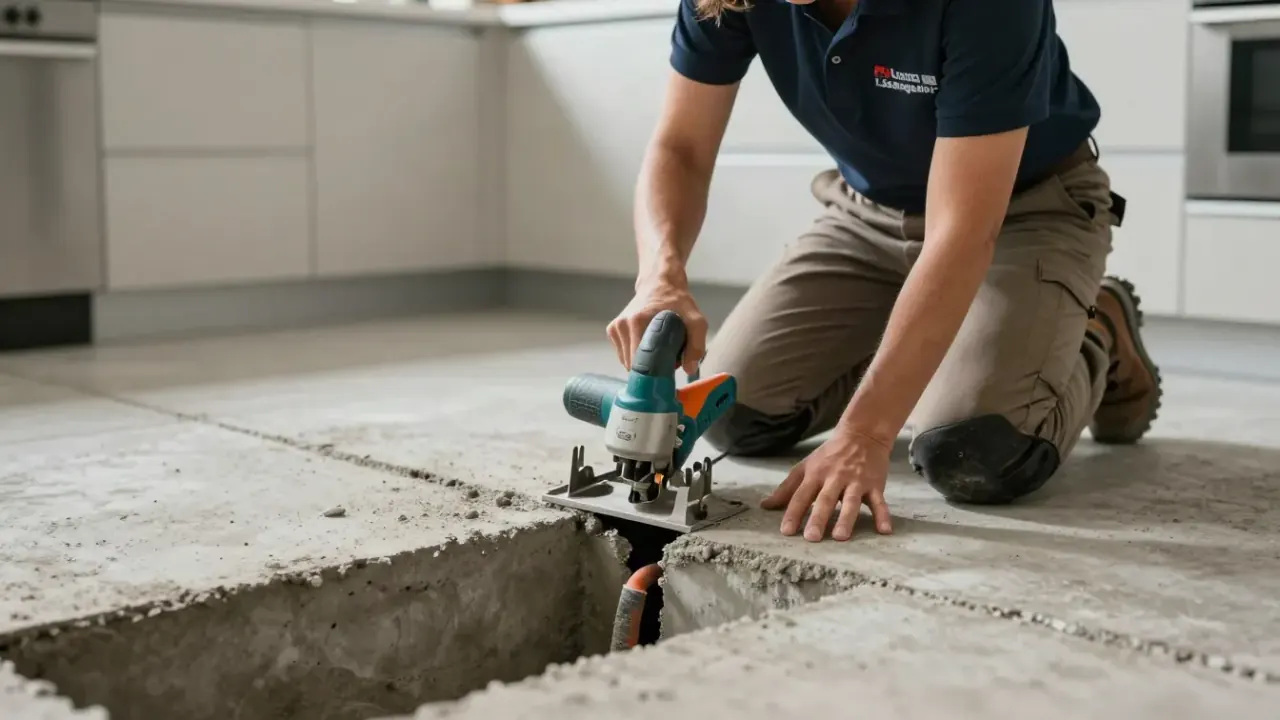 Slab leak detection in greenacres: leak detection specialist is kneeling, using a concrete saw to precisely cut into a