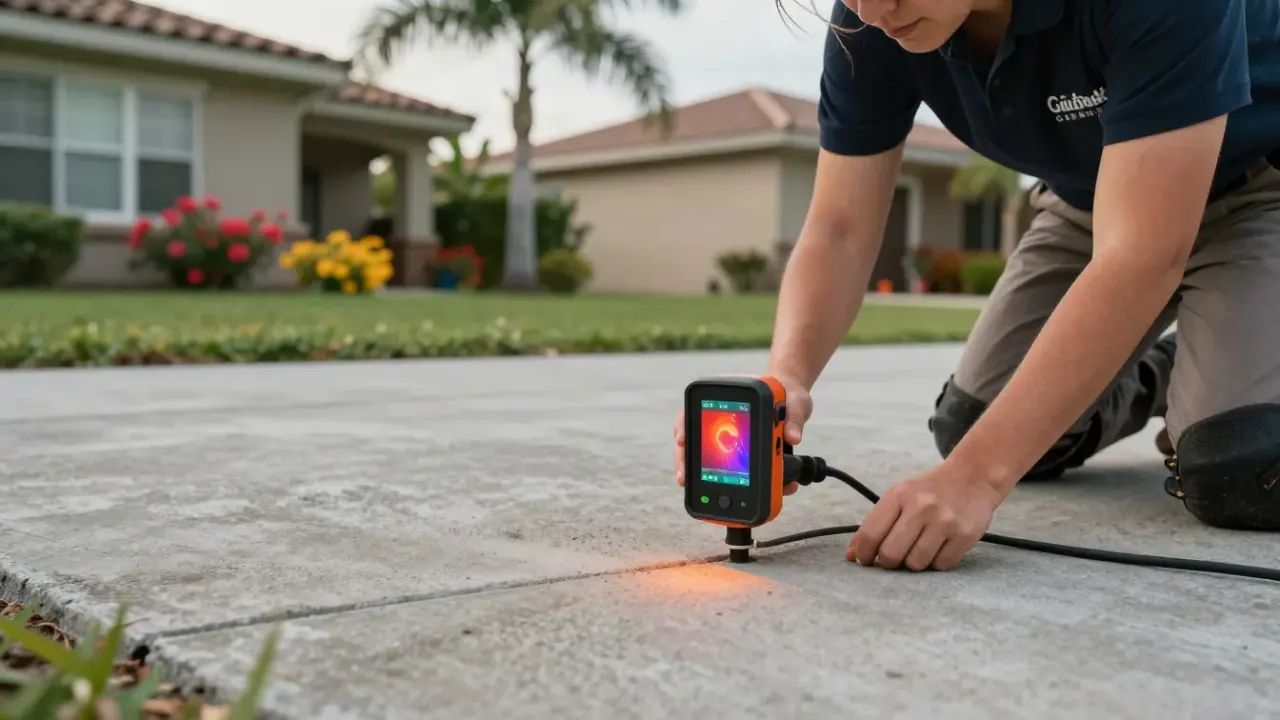 Slab leak detection in greenacres: close-up shot of a thermal imaging camera display showing a distinct hot spot on a
